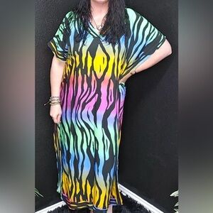 Print V Neck Dress Muli Neon Ombré Zebra Size Large to 3X New